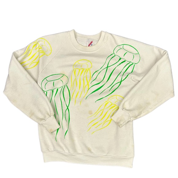 1990s Neon Jellyfish Allover Print Raglan Sweatshirt Jerzees / Men’s Medium - Picture 5 of 6
